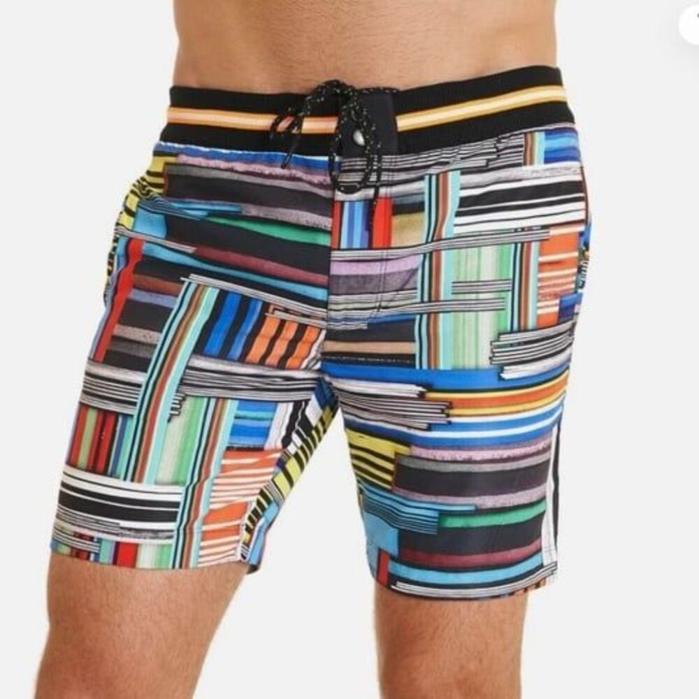 Robert Graham Cullies Patchwork Stripes Skulls Swim Trunk Board Shorts